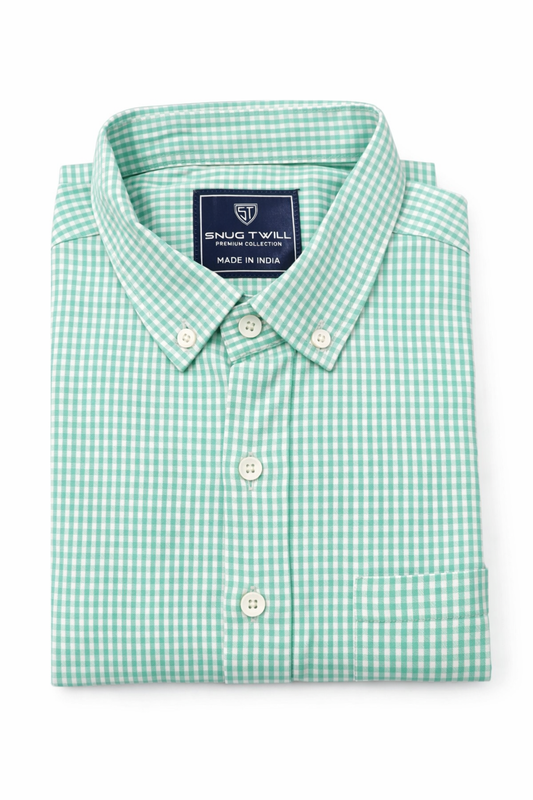 Men’s Heavyweight Green Gingham Check Casual Shirt Premium 210 GSM Cotton Fabric
