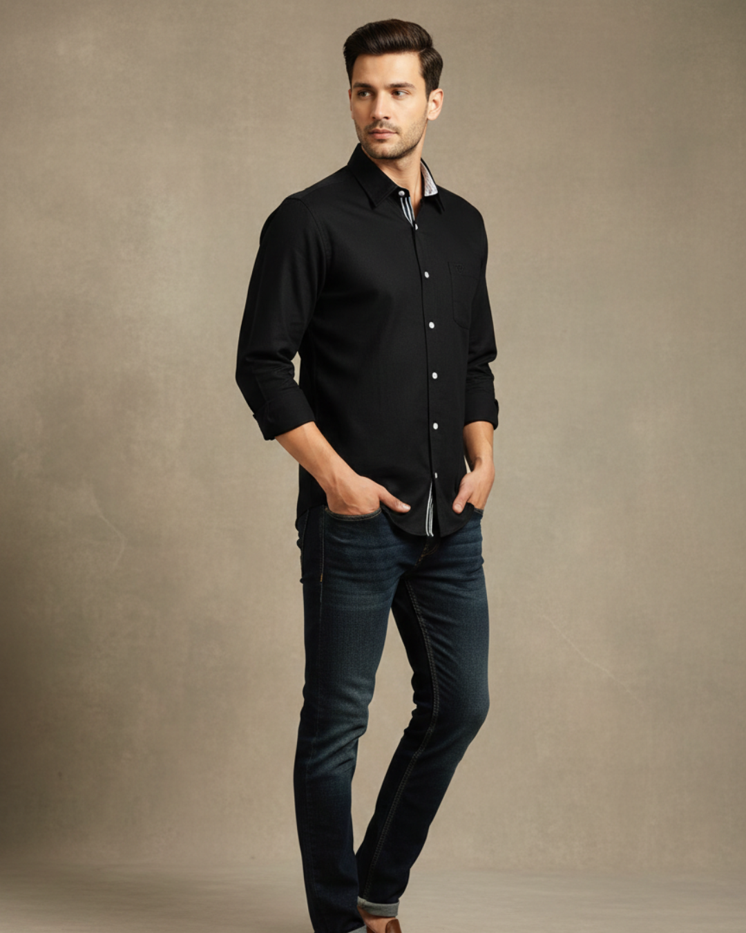 Men’s Heavyweight Black Cotton Casual Shirt Premium 210 GSM Fabric