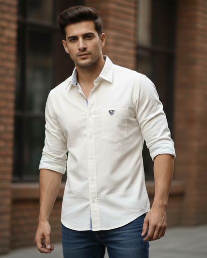 Men’s Heavyweight White Cotton Casual Shirt Premium 210 GSM Fabric