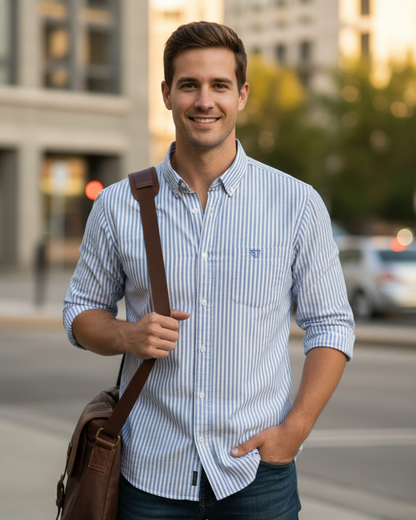 Men’s Heavyweight Blue Striped Casual Shirt Premium 210 GSM Cotton Fabric