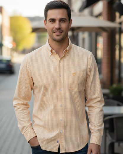 Men’s Heavyweight Orange Gingham Check Casual Shirt Premium 210 GSM Cotton Fabric