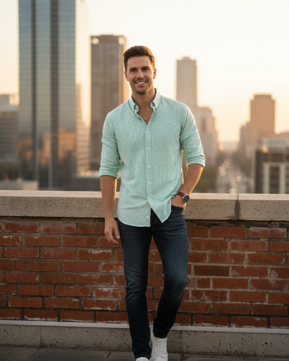 Men’s Heavyweight Green Gingham Check Casual Shirt Premium 210 GSM Cotton Fabric