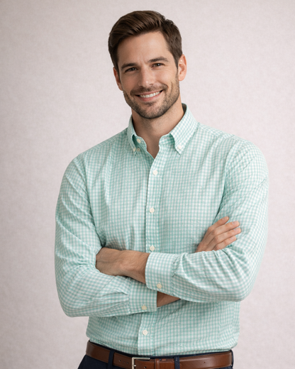 Men’s Heavyweight Green Gingham Check Casual Shirt Premium 210 GSM Cotton Fabric
