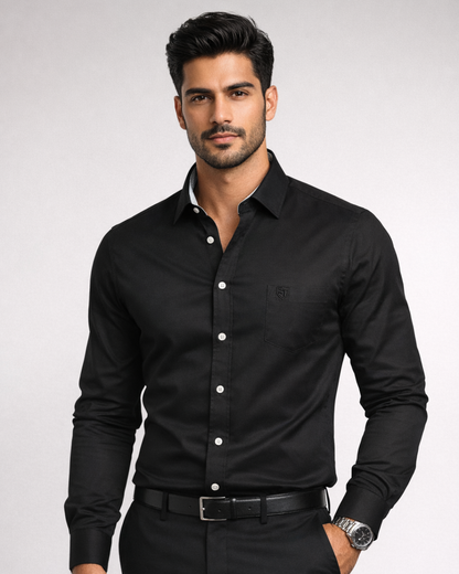 Men’s Heavyweight Black Cotton Casual Shirt Premium 210 GSM Fabric